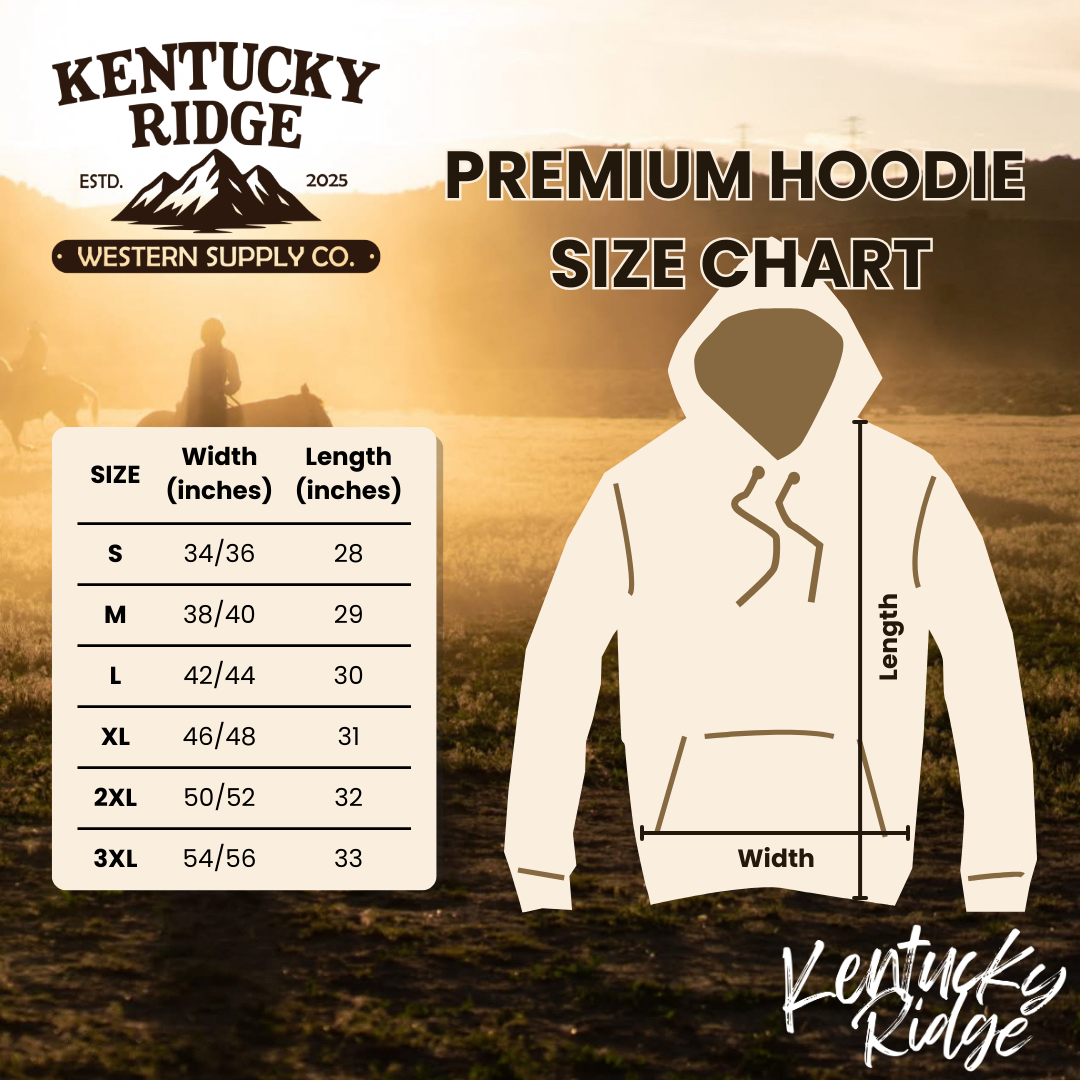Kentucky Ridge hoodie size chart with a scenic background