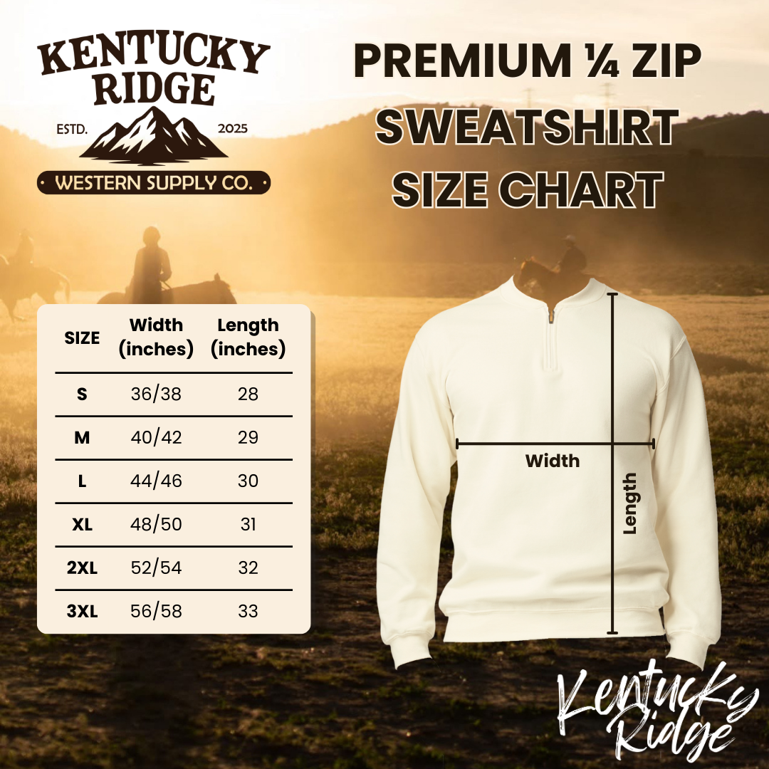 Kentucky Ridge size chart for a premium 1/4 zip sweatshirt with a person wearing the sweatshirt in the background.