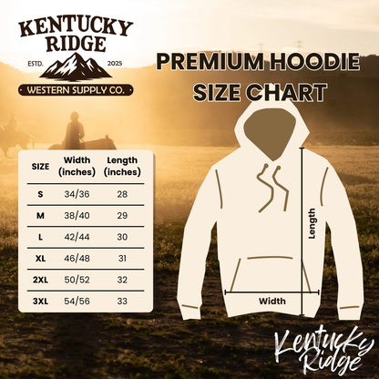 Kentucky Ridge hoodie size chart with a scenic background