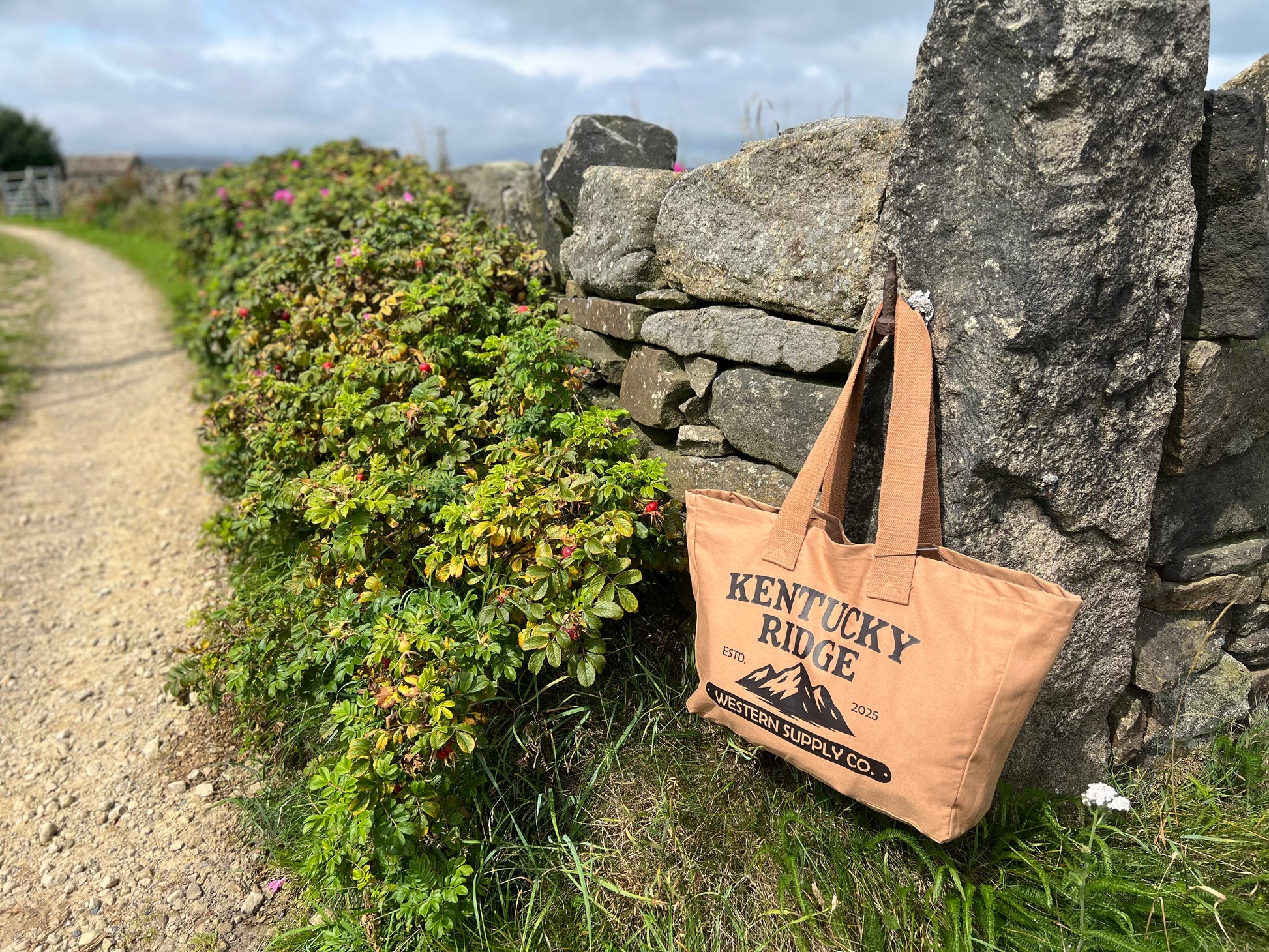 Beige tote bag with 'Kentucky Ridge' branding against a stone wall and natural background